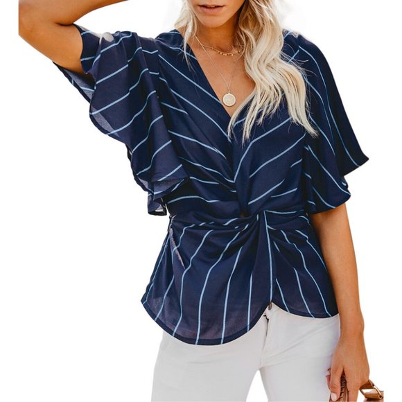 Blue Twist Front V Neck Blouse - Picture 2 of 3